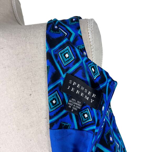Spenser Jeremy 100% Silk Maxi Dress Blue Geometric Print Sleeveless Size 8 - Picture 7 of 7